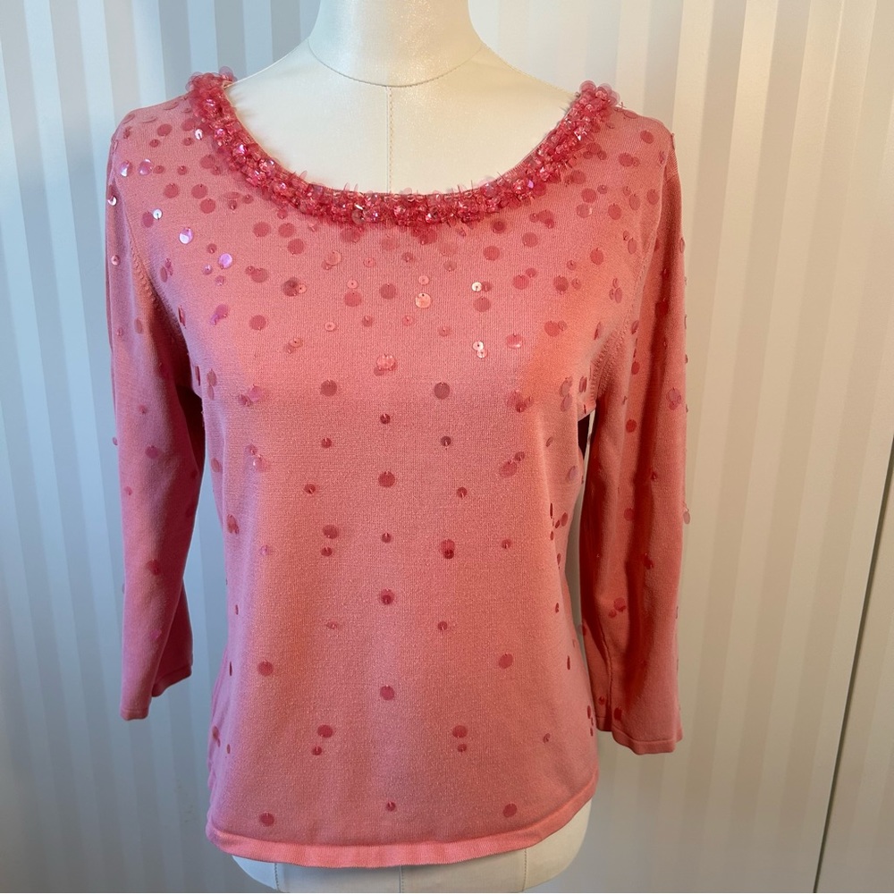 Talbots pink silk sweater with sequin collar and detail Size L